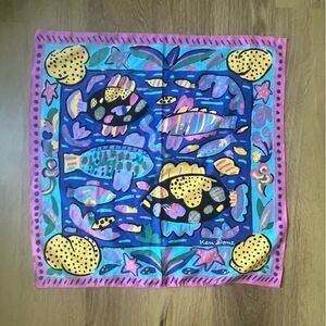 KEN DONE Vintage Silk Tropical Fish Scarf Large 29” Square Blue Pink Yellow 1985